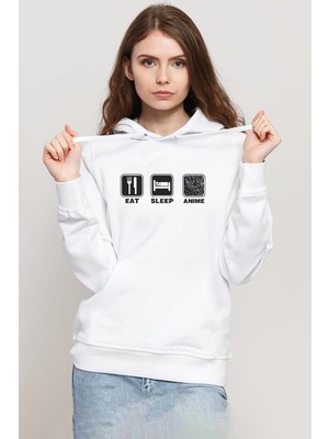 Tshirthane Eat Sleep Anime Beyaz Kadın 3ip Kapşonlu Sweatshirt