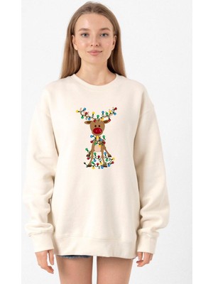 Tshirthane Adorable Reindeer Christmas Ekru Kadın 2ip Sweatshirt