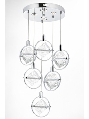 Elvora Home Modern (Premium) Krom 6'lı Sarkıt Avizesi Ledli Cam 27W Beyaz Işık 4000K Salon Yatak Odası Avizesi Modelleri