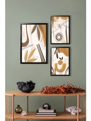 Dekorvia  3 Parça Mdf Tablo Siyah Ahşap Çerçeve Görünümlü Minimalist Duvar Dekoru