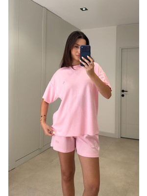 Magarde Premium Ithal Bisiklet Yaka Şort Takım- Pembe