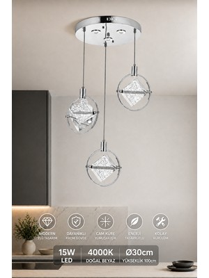 Elvora Home Modern (Premium) Krom 3'lü Sarkıt Avizesi Beyaz Işık Ledli 15W Cam Mutfak Salon Yatak Odası Modelleri