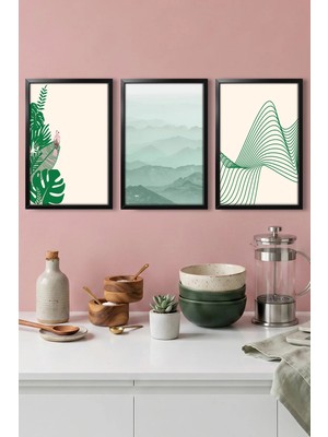 Dekorvia 3 Parça Mdf Tablo Siyah Ahşap Çerçeve Görünümlü Yeşil Tonlarda Modern Set