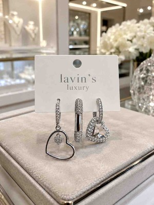 Lavin’s Luxury Zirkon Taşlı Asimetrik Kalp Figürlü Gümüş Renk 3'lü Halka Küpe – Şık ve Işıltılı Tasarım