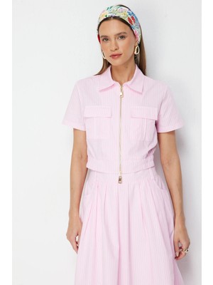On Kadın Çizgi Desenli Pamuk Crop Gömlek 76422 Pembe