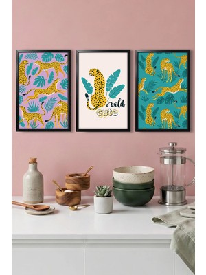 Dekorvia 3 Parça Mdf Tablo Siyah Ahşap Çerçeve Görünümlü Modern Tropikal Leopar Koleksiyonu