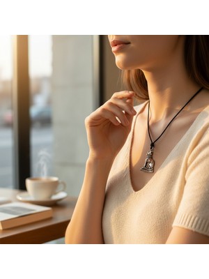 Hedea Mısır Kedisi Bastet Figürlü Krom Kaplama Unisex Kolye - Yağlı Koton Kordonlu Ayarlanabilir Etnik Kolye Ucu