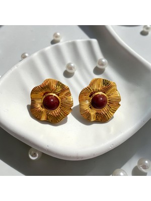 Jade Accessory Luxury Bordo Altın Çiçek Küpe