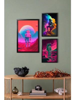 Dekorvia  3 Parça Mdf Tablo Siyah Ahşap Çerçeve Görünümlü Modern Uzay Sanatı