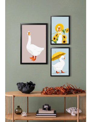 Dekorvia  3 Parça Mdf Tablo Siyah Ahşap Çerçeve Görünümlü Modern Kaz Desenli Set