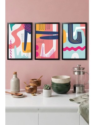 Dekorvia  3 Parça Mdf Tablo Siyah Ahşap Çerçeve Görünümlü Geometrik Soyut Sanat Seti