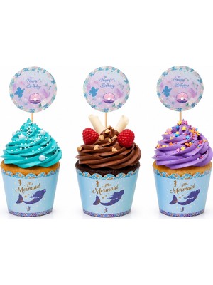 Bkmc Deniz Kızı Mermaid Cupcake Süsleme Seti 8 Cupcake Kalıbı + 8 Kürdan Süs Doğum Günü Parti Malzemeleri