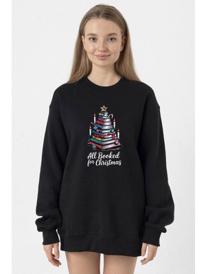 Tshirthane All Booked For Christmas Siyah Kadın 2ip Sweatshirt