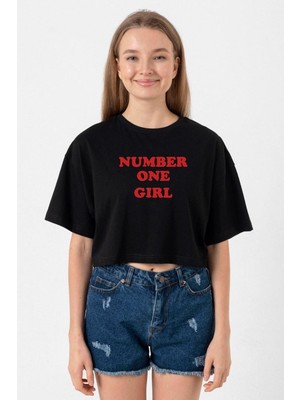 Rose Number One Girl Siyah Kadın Crop Tshirt