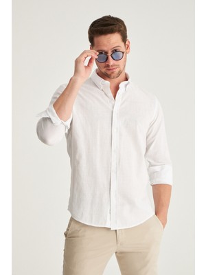Slim Fit Beyaz Düğmeli Yaka %100 Pamuk Yazlık Flamlı Keten Görünümlü Gömlek 6HC02ORT63265