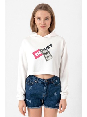 Tshirthane Mr Beast Dollar Bill Ekru Kadın Crop Kapşonlu
