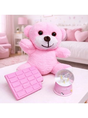 İlkyaz Fashion Pembe Peluş Ayıcık Kar Küresi ve Pembe Çikolata Not Defteri