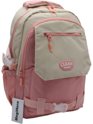 MegiHero Çok Bölmeli Okul Çantası Unisex Okul Sırt Çantası 26011 -Bej-Pudra