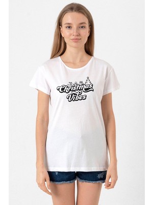 Christmas Vibes Beyaz Kadın Bisikletyaka Tshirt