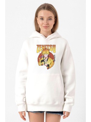 Tshirthane Demon Slayer Anime Zenitsu Poster Beyaz Kadın 3ip Kapşonlu Sweatshirt