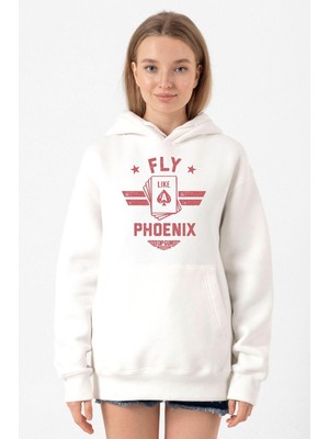 Tshirthane Top Gun Maverick Fly Like A Phoenix Beyaz Kadın 3ip Kapşonlu Sweatshirt