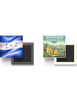İberk Buzdolap Magnetleri - Honduras Bayrağı ve Retro Tema - 2'li Set Magneti