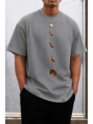 Oksit Moon Baskılı Bisiklet Yaka Pamuklu Erkek T-Shirt Rahat Kesim