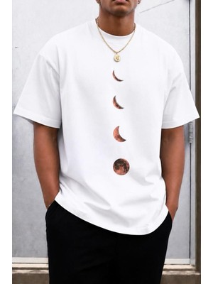 Oksit Moon Baskılı Bisiklet Yaka Pamuklu Erkek T-Shirt Rahat Kesim