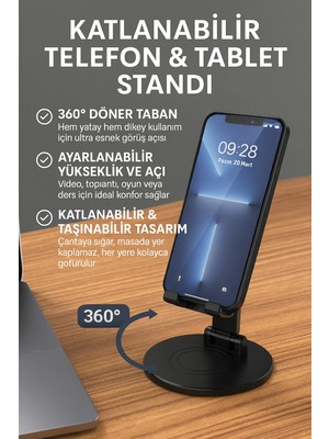 Buççin Online Mağaza Katlanabilir Telefon & Tablet Standı – 360° Döner Yuvarlak Taban, Ayarlanabilir , Kaymaz Tasarım Siy
