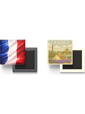 İberk Buzdolap Magnetleri - Fransa Bayrağı ve Paper Cut Tema - 2'li Set Magneti