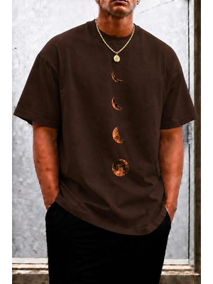 Oksit Moon Baskılı Bisiklet Yaka Pamuklu Erkek T-Shirt Rahat Kesim