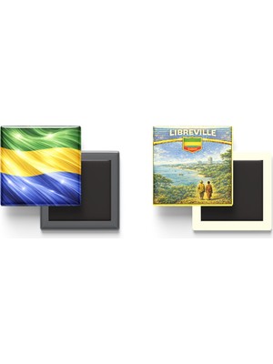 İberk Buzdolap Magnetleri - Gabon Bayrağı ve Retro Tema - 2'li Set Magneti