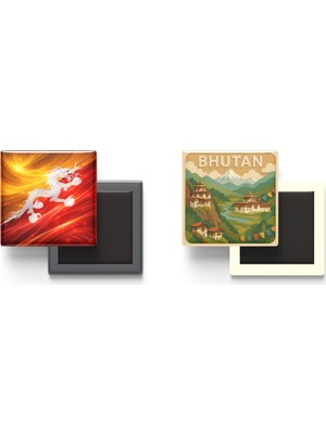 İberk Buzdolap Magnetleri - Bhutan Bayrağı ve Paper Cut Tema - 2'li Set Magneti