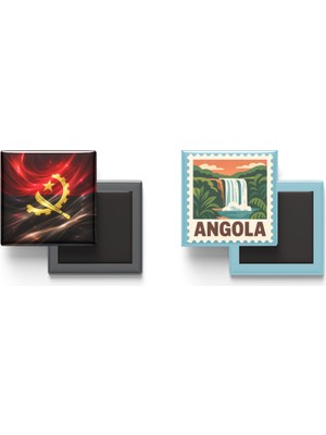 İberk Buzdolap Magnetleri - Angola Bayrağı ve Posta Pulu Tema - 2'li Set Magneti