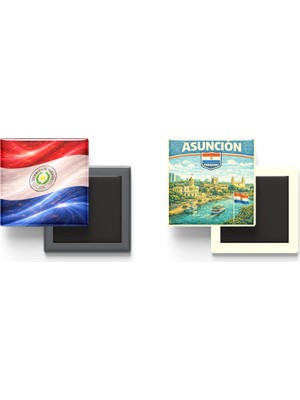 İberk Buzdolap Magnetleri - Paraguay Bayrağı ve Retro Tema - 2'li Set Magneti