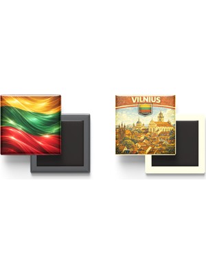 İberk Buzdolap Magnetleri - Litvanya Bayrağı ve Retro Tema - 2'li Set Magneti