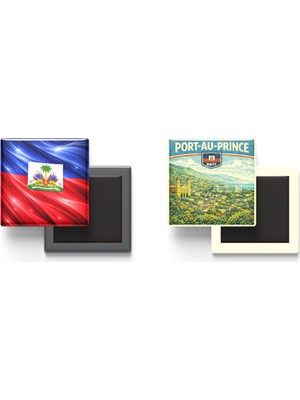İberk Buzdolap Magnetleri - Haiti Bayrağı ve Retro Tema - 2'li Set Magneti