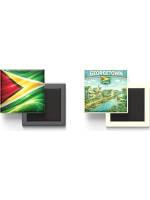 İberk Buzdolap Magnetleri - Guyana Bayrağı ve Retro Tema - 2'li Set Magneti