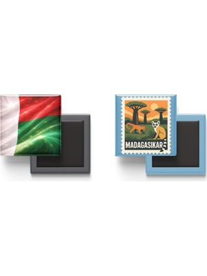 İberk Buzdolap Magnetleri - Madagaskar Bayrağı ve Posta Pulu Tema - 2'li Set Magneti