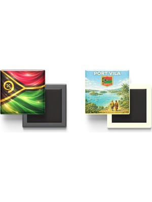 İberk Buzdolap Magnetleri - Vanuatu Bayrağı ve Retro Tema - 2'li Set Magneti