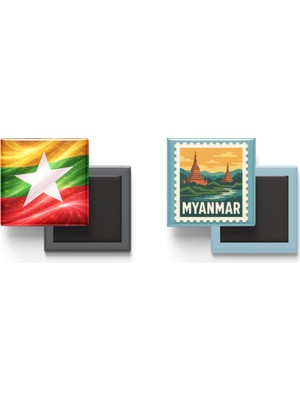 İberk Buzdolap Magnetleri - Myanmar Bayrağı ve Posta Pulu Tema - 2'li Set Magneti