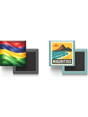 İberk Buzdolap Magnetleri - Mauritius Bayrağı ve Posta Pulu Tema - 2'li Set Magneti