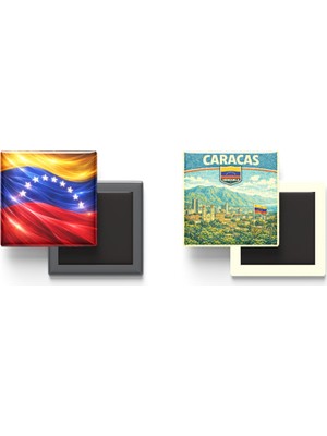İberk Buzdolap Magnetleri - Venezuela Bayrağı ve Retro Tema - 2'li Set Magneti