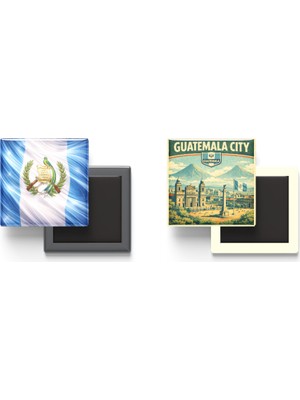 İberk Buzdolap Magnetleri - Guatemala Bayrağı ve Retro Tema - 2'li Set Magneti
