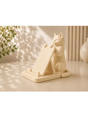 Buççin Online Mağaza Kedi Figürlü Telefon ve Tablet Standı – 3D Baskı Dekoratif Masaüstü Tutucu Krem Plastik