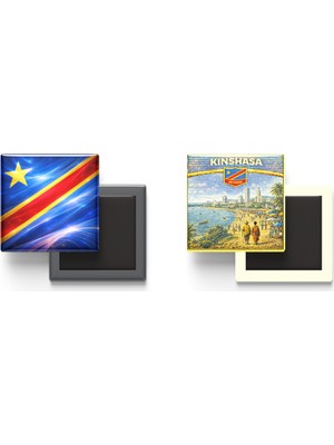 İberk Buzdolap Magnetleri - Kongo Demokratik Cumhuriyeti Bayrağı ve Retro Tema - 2'li Set Magneti