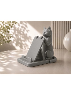 Buççin Online Mağaza Kedi Figürlü Telefon ve Tablet Standı – 3D Baskı Dekoratif Masaüstü Tutucu Gri Plastik