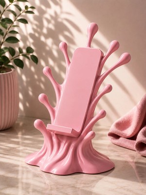 Buççin Online Mağaza Su Damlası Tasarımlı Telefon Standı – Dekoratif Masaüstü Telefon Tutucu – 3D Baskı Pembe Plastik