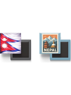 İberk Buzdolap Magnetleri - Nepal Bayrağı ve Posta Pulu Tema - 2'li Set Magneti