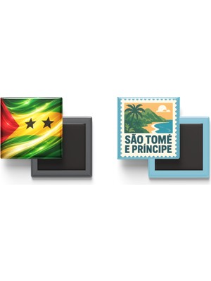 İberk Buzdolap Magnetleri - Sao Tome ve Principe Bayrağı ve Posta Pulu Tema - 2'li Set Magneti